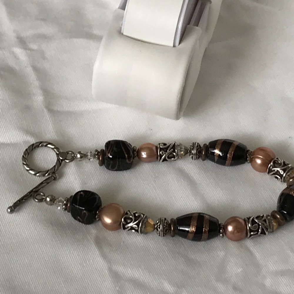 Sterling Italian Murano Glass Bead &Pearl Bracelet